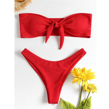 Load image into Gallery viewer, Womwn's swimming suit Swimsuit sexy solid color bow printed high waist bikini tube top thickening bra split swimsuit Biquini 4as
