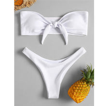 Load image into Gallery viewer, Womwn's swimming suit Swimsuit sexy solid color bow printed high waist bikini tube top thickening bra split swimsuit Biquini 4as
