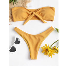 Load image into Gallery viewer, Womwn's swimming suit Swimsuit sexy solid color bow printed high waist bikini tube top thickening bra split swimsuit Biquini 4as
